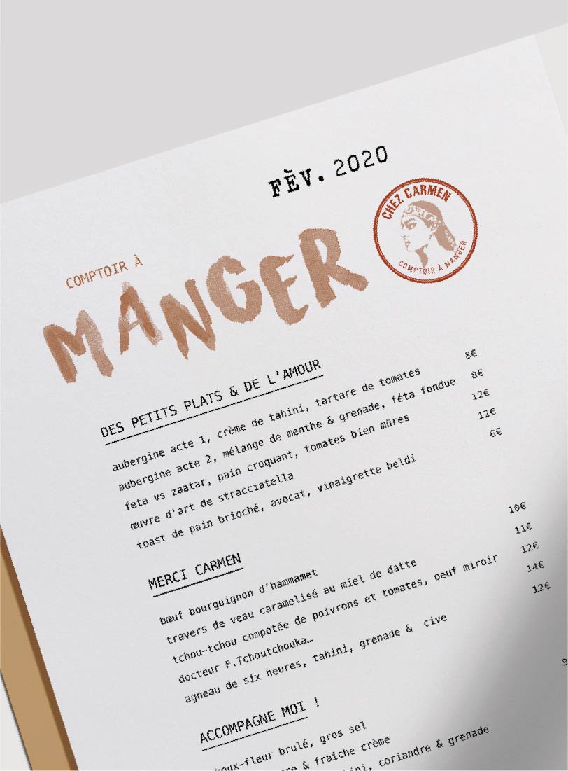 identité visuelle restaurant menu design branding Carmen expérience culinaire